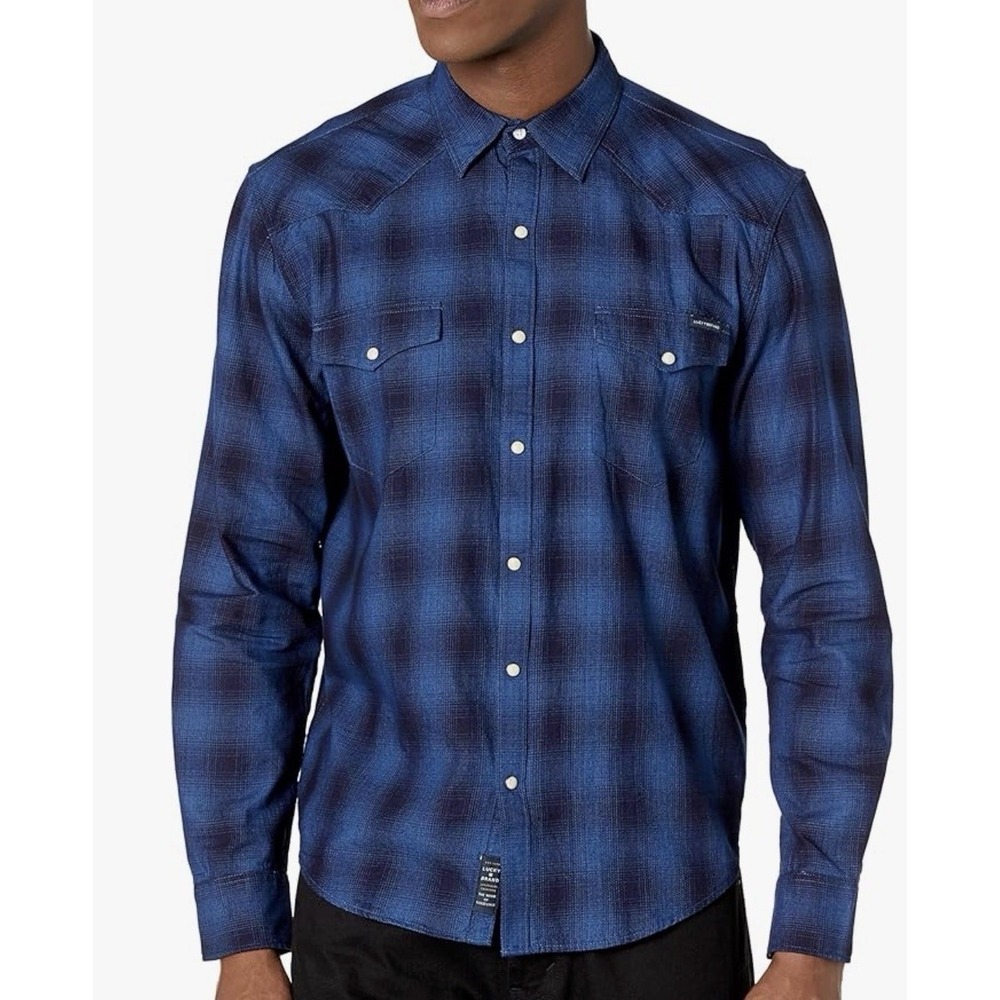 Lucky Brand Mens Plaid Mesa Western Shirt XXL Long Sleeve Blue Black Pearl Snap